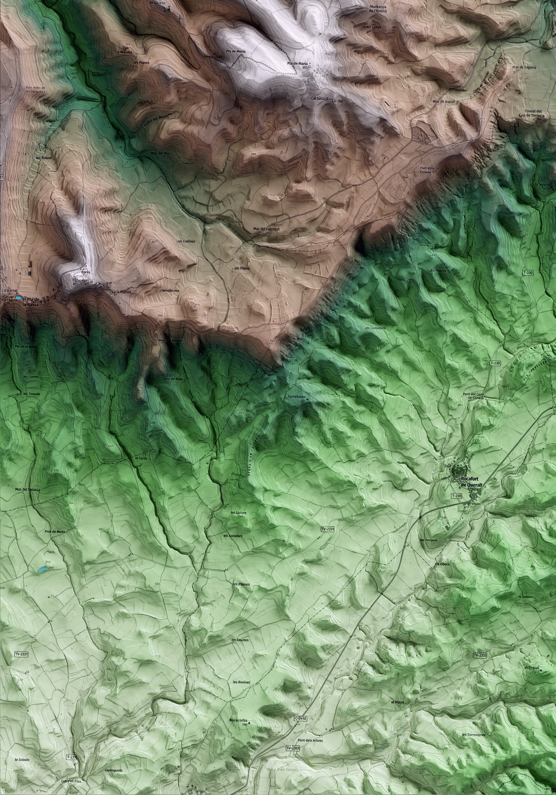 Mapa artístico del relieve de Conesa, a la Conca de Barberà, con 15 km de entorno y base topográfica ICGC. Detalle de la zona inferior izquierda.