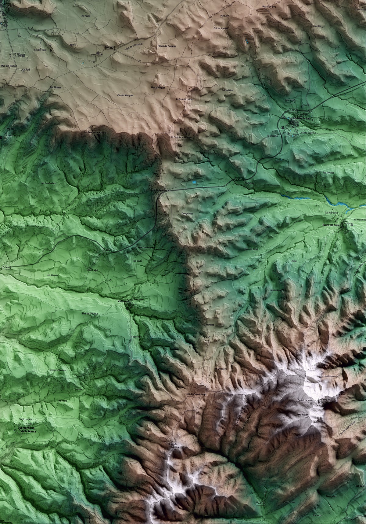 Mapa artístico del relieve de Conesa, a la Conca de Barberà, con 15 km de entorno y base topográfica ICGC. Detalle de la zona inferior derecha.