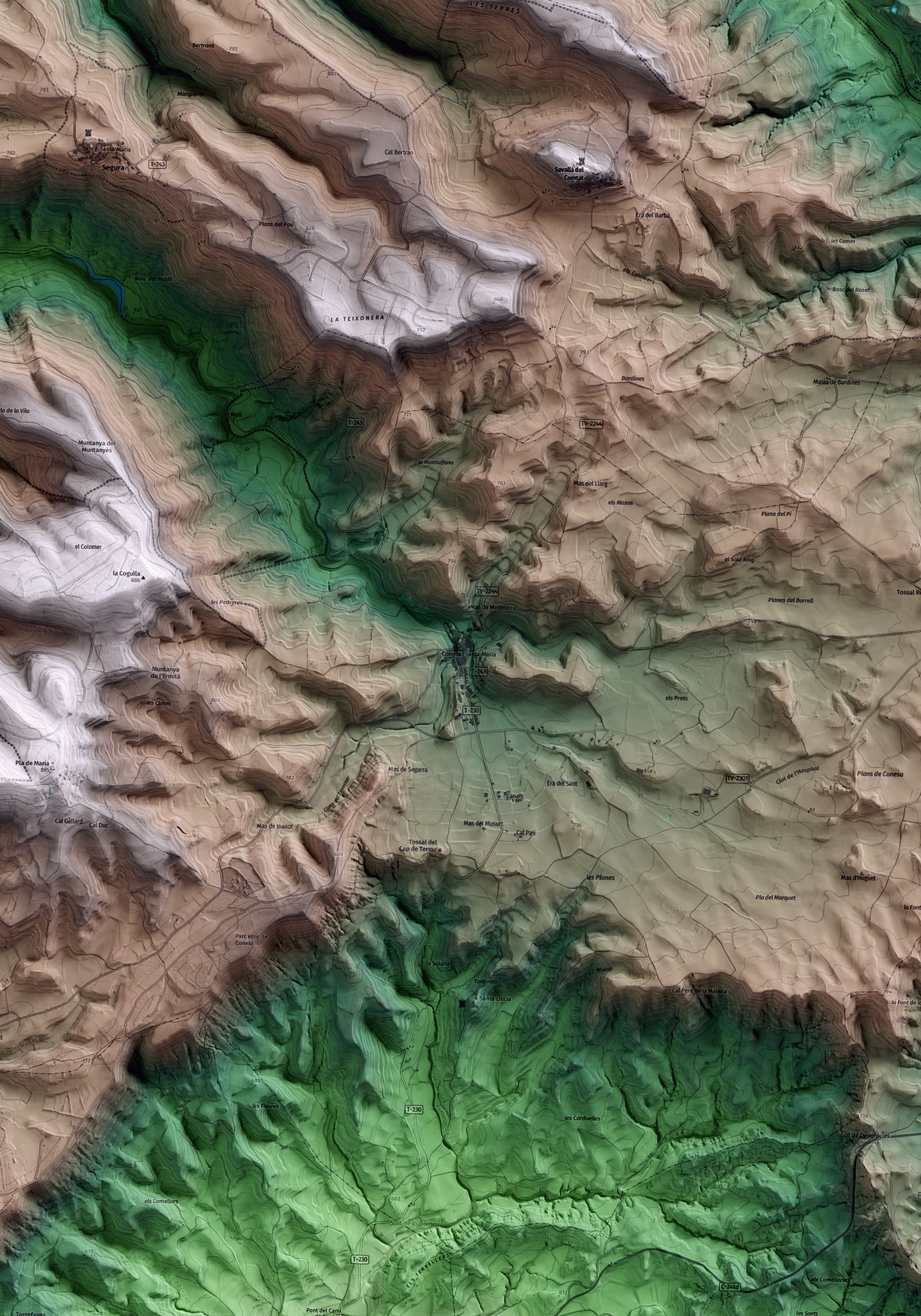 Mapa artístico del relieve de Conesa, a la Conca de Barberà, con 15 km de entorno y base topográfica ICGC. Detalle de la zona central.