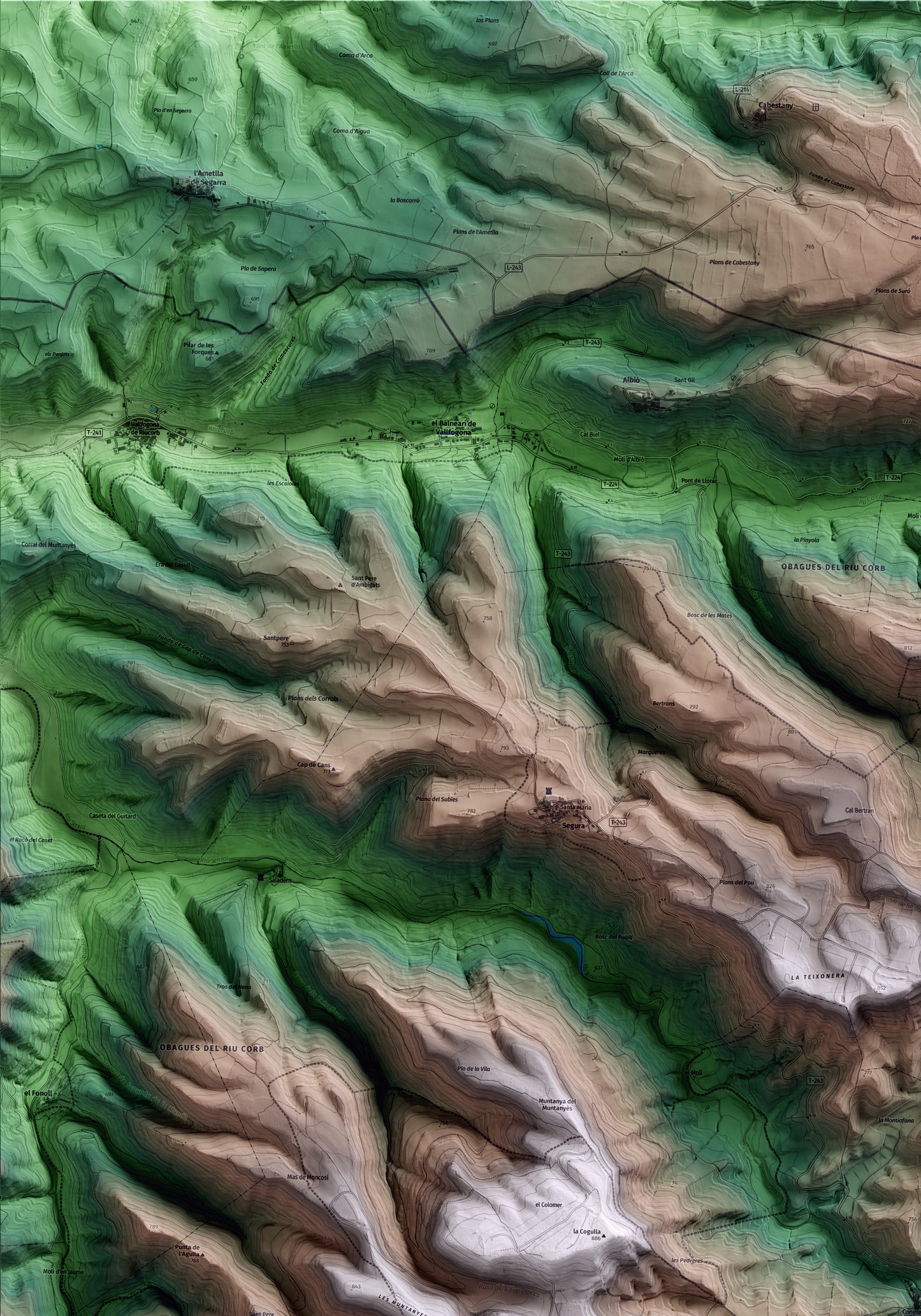 Mapa artístico del relieve de Conesa, a la Conca de Barberà, con 15 km de entorno y base topográfica ICGC. Detalle de la zona superior izquierda.