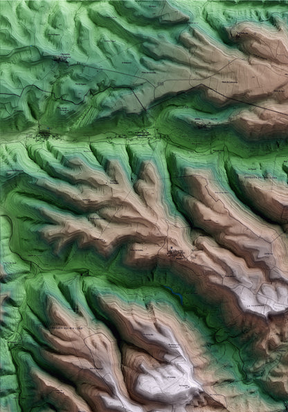 Mapa artístico del relieve de Conesa, a la Conca de Barberà, con 15 km de entorno y base topográfica ICGC. Detalle de la zona superior izquierda.