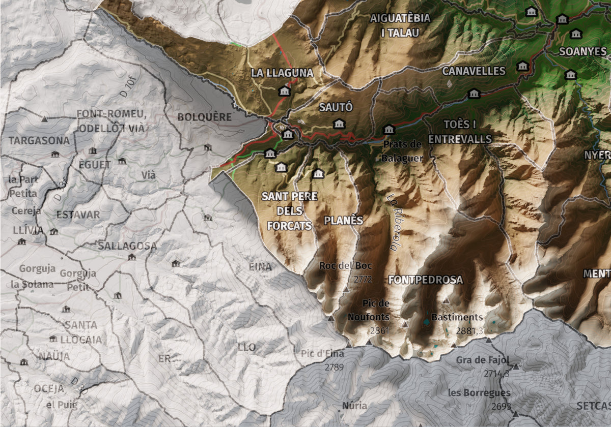 Mapa de relleu del Conflent, amb el territori en color i l’entorn en blanc. Detall de la part inferior esquerra. 21 × 30 cm. Estil Clàssic.