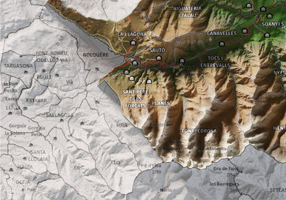 Mapa de relleu del Conflent, amb el territori en color i l’entorn en blanc. Detall de la part inferior esquerra. 21 × 30 cm. Estil Clàssic.