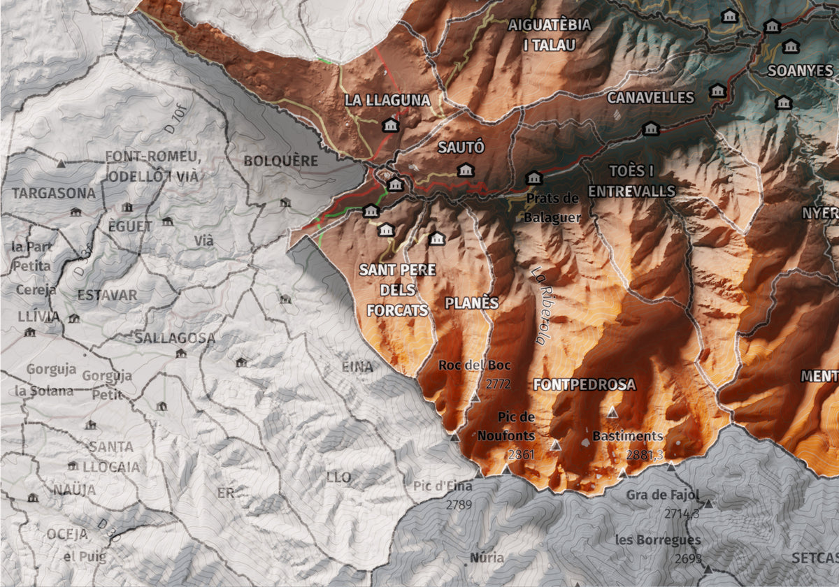 Mapa de relleu del Conflent, amb el territori en color i l’entorn en blanc. Detall de la part inferior esquerra. 21 × 30 cm. Estil Contrastat.