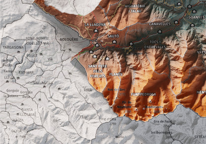 Mapa de relleu del Conflent, amb el territori en color i l’entorn en blanc. Detall de la part inferior esquerra. 21 × 30 cm. Estil Contrastat.