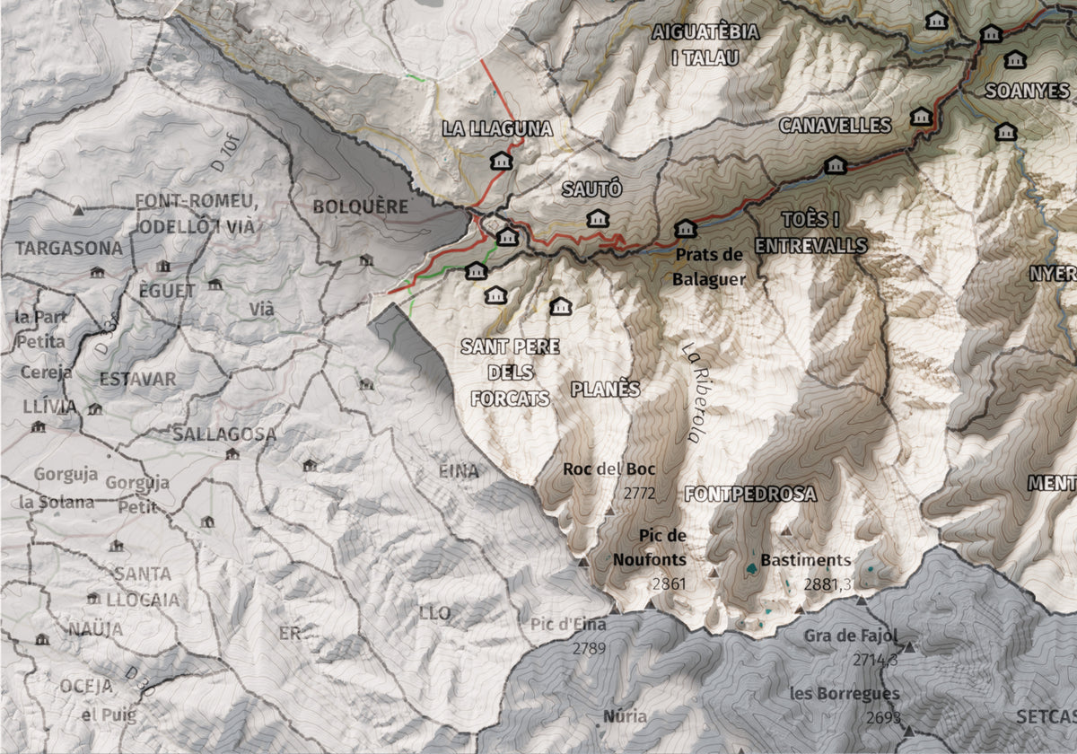 Mapa de relleu del Conflent, amb el territori en color i l’entorn en blanc. Detall de la part inferior esquerra. 21 × 30 cm. Estil Cartogràfic.
