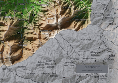 Mapa de relleu del Conflent, amb el territori en color i l’entorn en blanc. Detall de la part inferior dreta. 21 × 30 cm. Estil Clàssic.