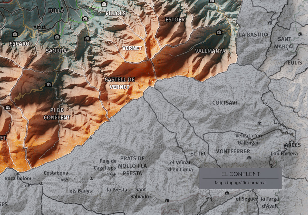 Mapa de relleu del Conflent, amb el territori en color i l’entorn en blanc. Detall de la part inferior dreta. 21 × 30 cm. Estil Contrastat.