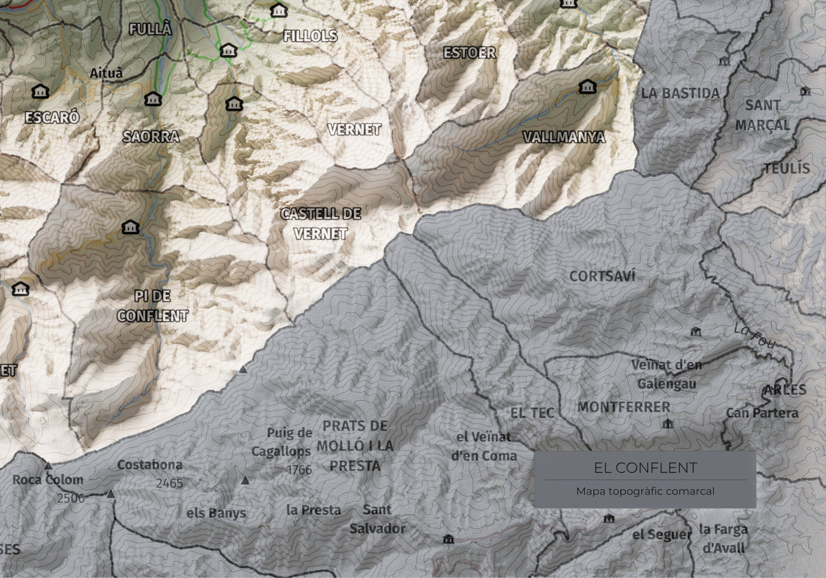 Mapa de relleu del Conflent, amb el territori en color i l’entorn en blanc. Detall de la part inferior dreta. 21 × 30 cm. Estil Cartogràfic.