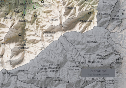 Mapa de relleu del Conflent, amb el territori en color i l’entorn en blanc. Detall de la part inferior dreta. 21 × 30 cm. Estil Cartogràfic.