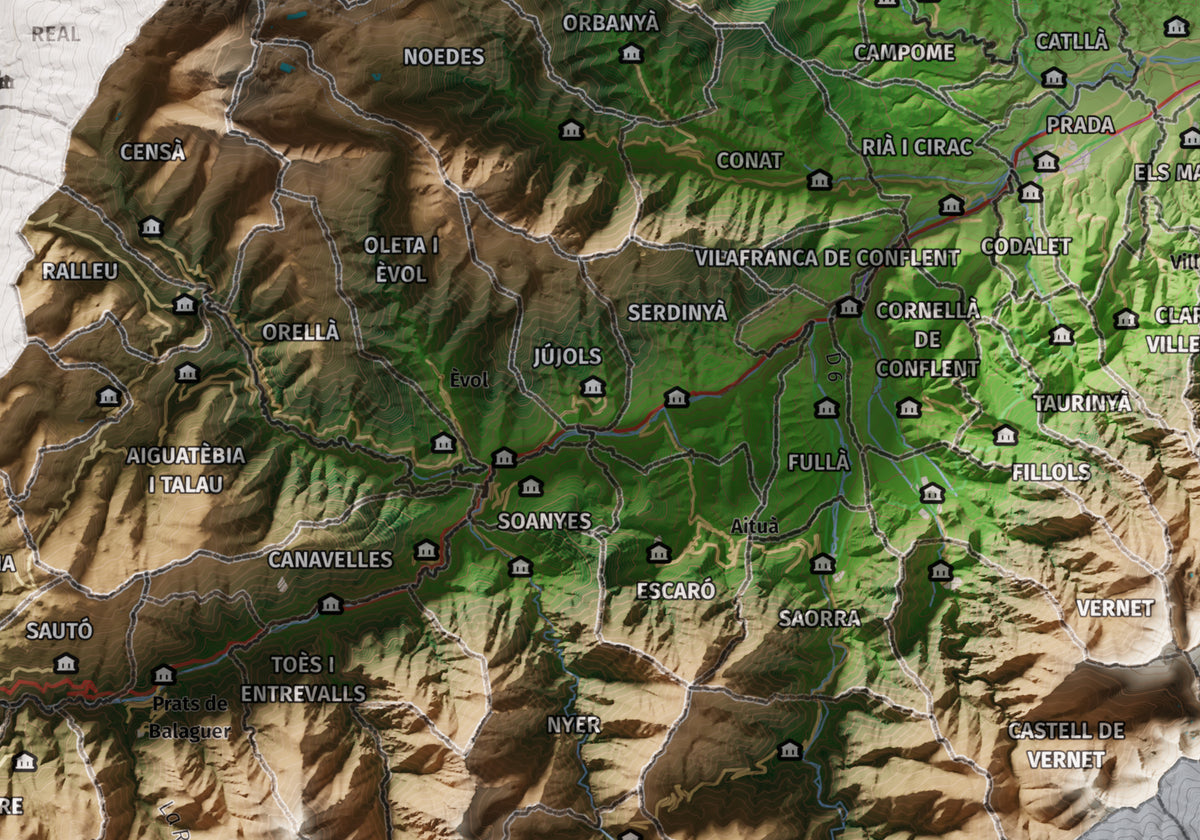 Mapa de relleu del Conflent, amb el territori en color i l’entorn en blanc. Detall de la part central. 21 × 30 cm. Estil Clàssic.