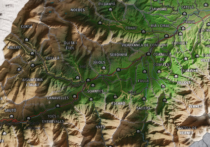 Mapa de relleu del Conflent, amb el territori en color i l’entorn en blanc. Detall de la part central. 21 × 30 cm. Estil Clàssic.