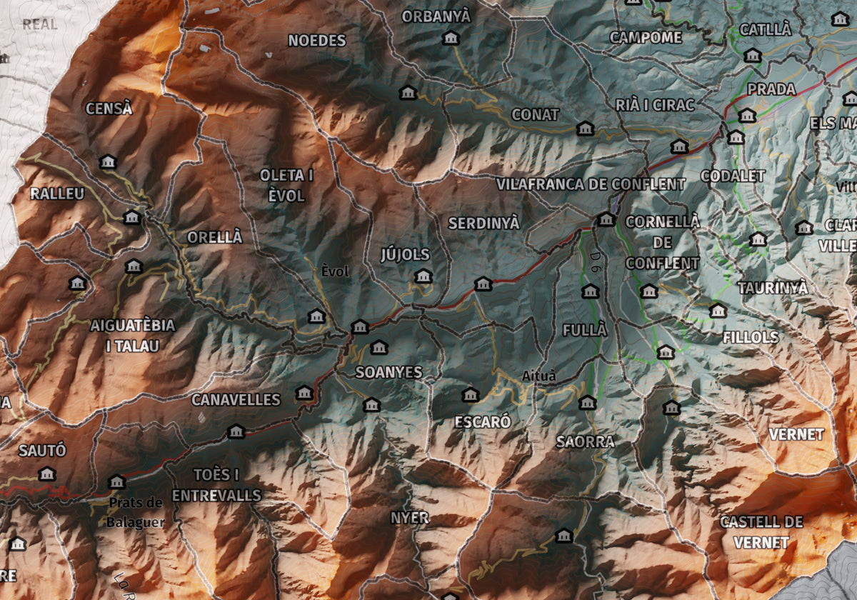 Mapa de relleu del Conflent, amb el territori en color i l’entorn en blanc. Detall de la part central. 21 × 30 cm. Estil Contrastat.