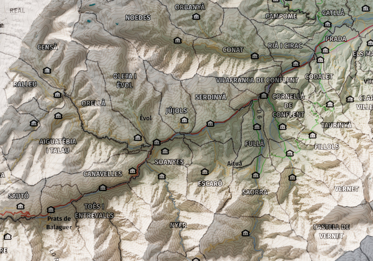 Mapa de relleu del Conflent, amb el territori en color i l’entorn en blanc. Detall de la part central. 21 × 30 cm. Estil Cartogràfic.