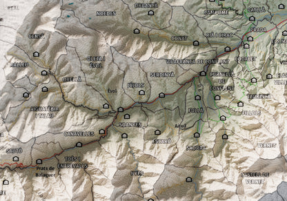 Mapa de relleu del Conflent, amb el territori en color i l’entorn en blanc. Detall de la part central. 21 × 30 cm. Estil Cartogràfic.