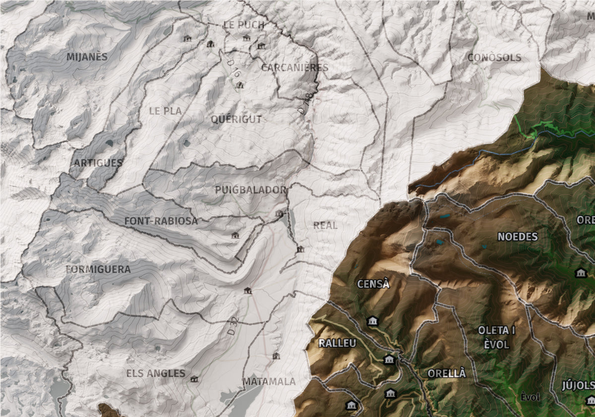 Mapa de relleu del Conflent, amb el territori en color i l’entorn en blanc. Detall de la part superior esquerra. 21 × 30 cm. Estil Clàssic.