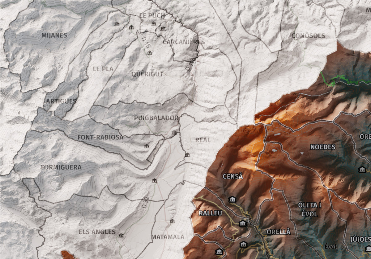 Mapa de relleu del Conflent, amb el territori en color i l’entorn en blanc. Detall de la part superior esquerra. 21 × 30 cm. Estil Contrastat.