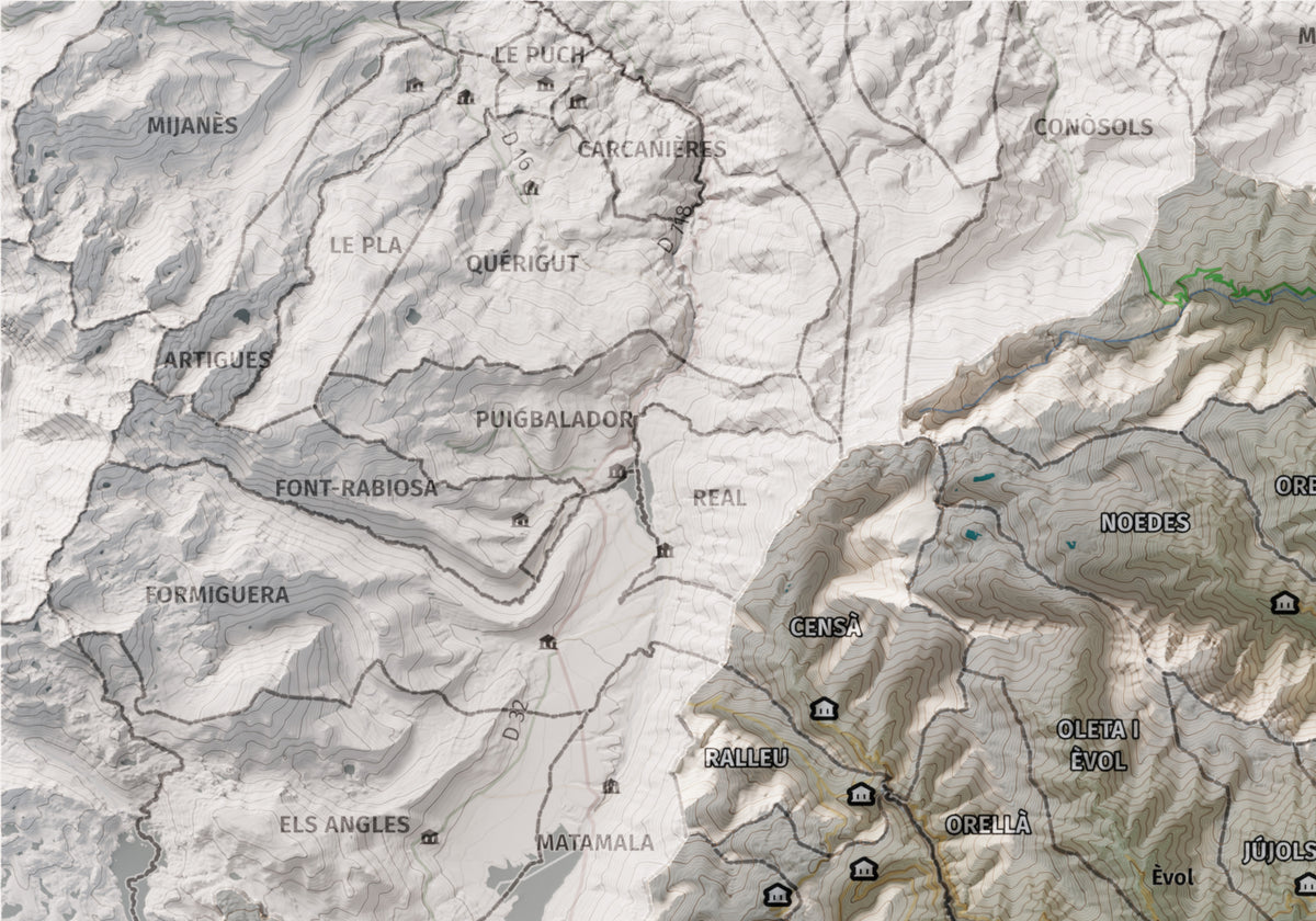 Mapa de relleu del Conflent, amb el territori en color i l’entorn en blanc. Detall de la part superior esquerra. 21 × 30 cm. Estil Cartogràfic.