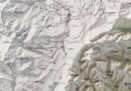 Mapa de relleu del Conflent, amb el territori en color i l’entorn en blanc. Detall de la part superior esquerra. 21 × 30 cm. Estil Cartogràfic.
