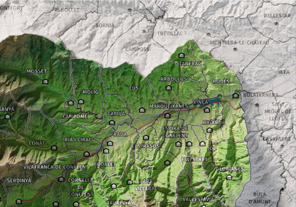 Mapa de relleu del Conflent, amb el territori en color i l’entorn en blanc. Detall de la part superior dreta. 21 × 30 cm. Estil Clàssic.