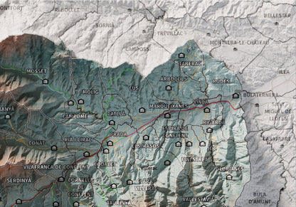 Mapa de relleu del Conflent, amb el territori en color i l’entorn en blanc. Detall de la part superior dreta. 21 × 30 cm. Estil Contrastat.