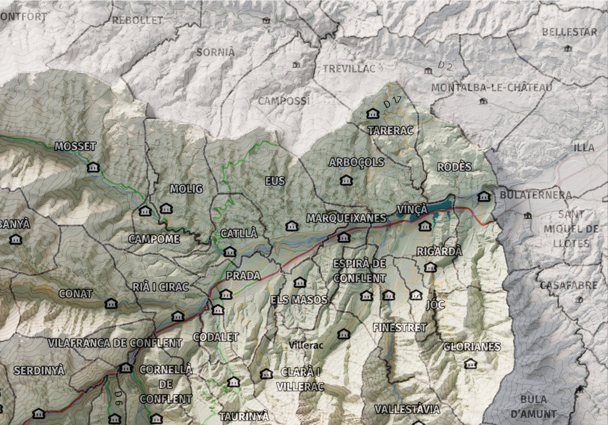 Mapa de relleu del Conflent, amb el territori en color i l’entorn en blanc. Detall de la part superior dreta. 21 × 30 cm. Estil Cartogràfic.
