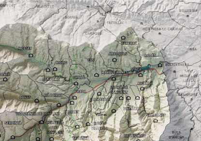 Mapa de relleu del Conflent, amb el territori en color i l’entorn en blanc. Detall de la part superior dreta. 21 × 30 cm. Estil Cartogràfic.
