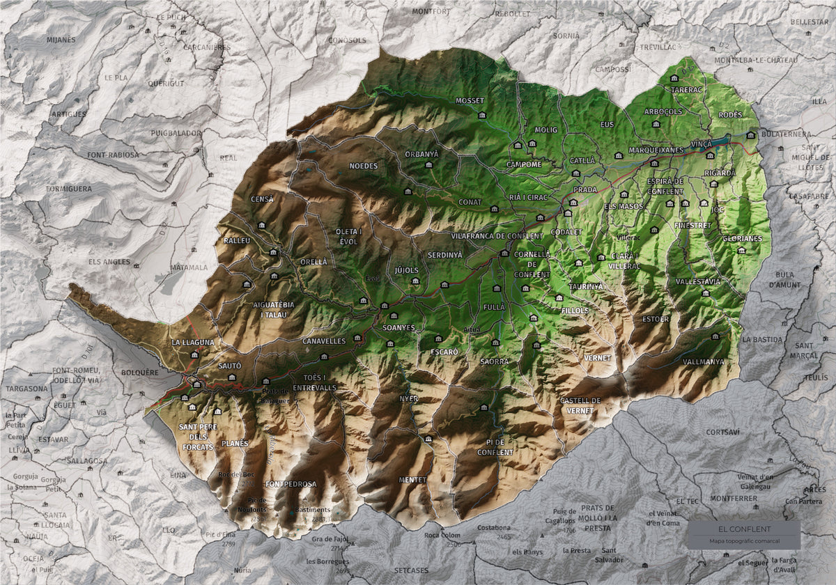 Mapa de relleu del Conflent, amb el territori en color i l’entorn en blanc. Vista completa de la làmina. 21 × 30 cm. Estil Clàssic.