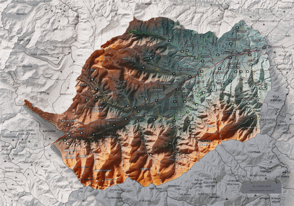 Mapa de relleu del Conflent, amb el territori en color i l’entorn en blanc. Vista completa de la làmina. 21 × 30 cm. Estil Contrastat.