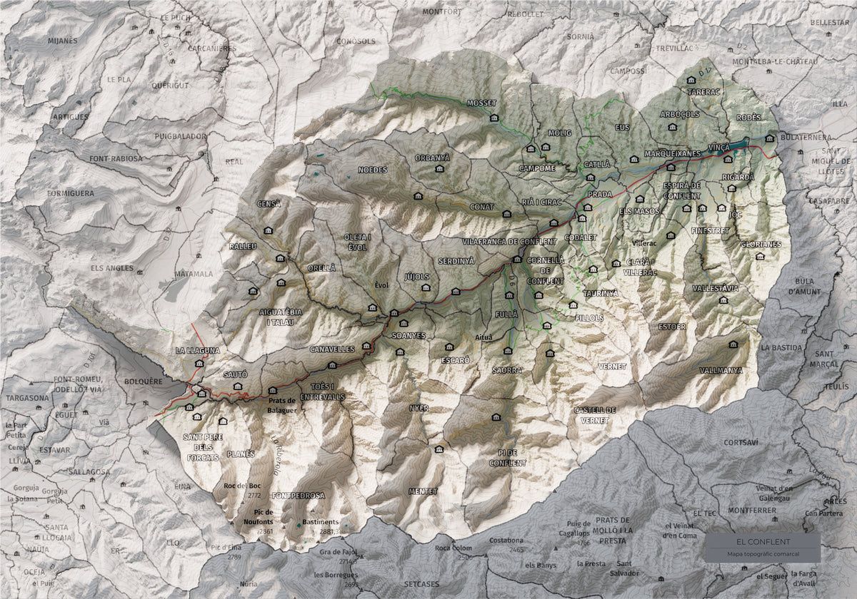Mapa de relleu del Conflent, amb el territori en color i l’entorn en blanc. Vista completa de la làmina. 21 × 30 cm. Estil Cartogràfic.