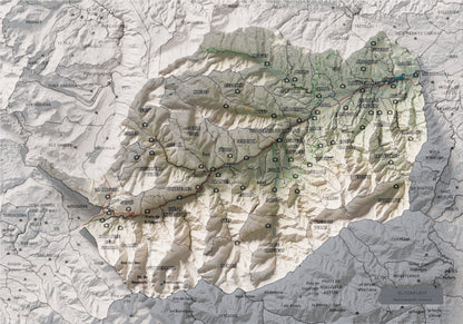 Mapa de relleu del Conflent, amb el territori en color i l’entorn en blanc. Vista completa de la làmina. 21 × 30 cm. Estil Cartogràfic.
