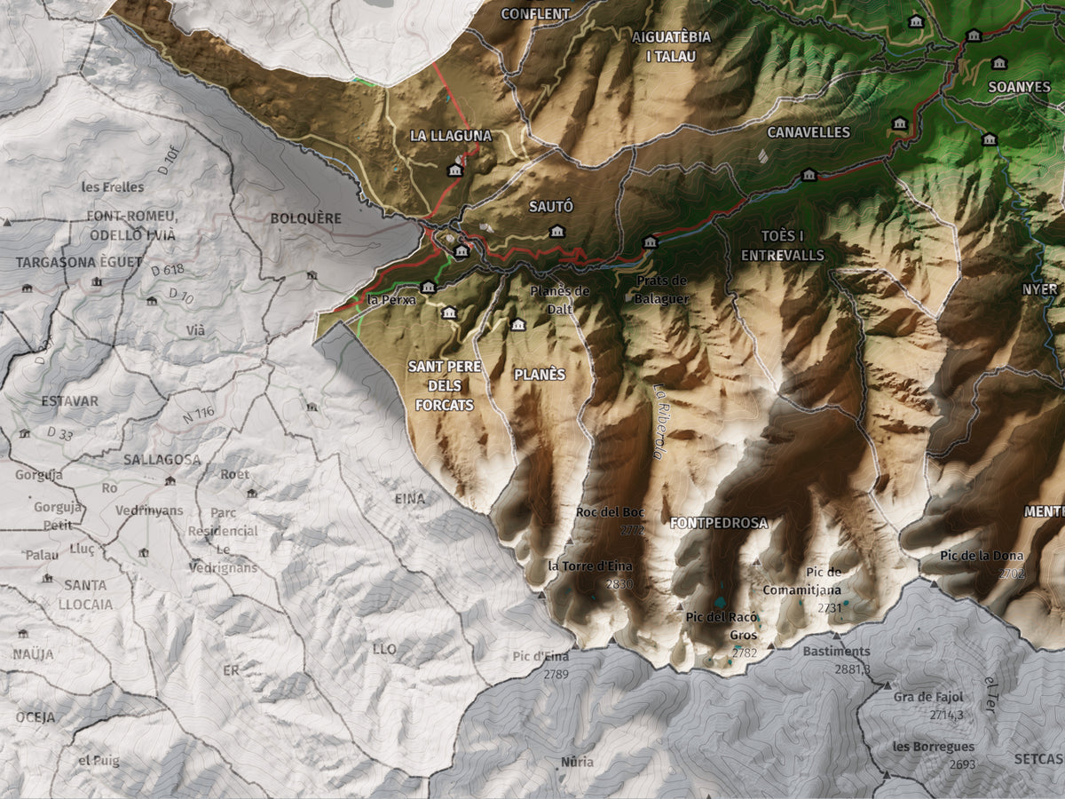 Mapa de relleu del Conflent, amb el territori en color i l’entorn en blanc. Detall de la part inferior esquerra. 30 × 40 cm. Estil Clàssic.