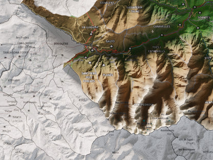 Mapa de relleu del Conflent, amb el territori en color i l’entorn en blanc. Detall de la part inferior esquerra. 30 × 40 cm. Estil Clàssic.