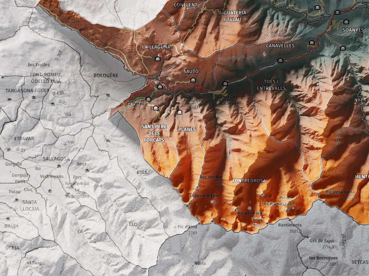 Mapa de relleu del Conflent, amb el territori en color i l’entorn en blanc. Detall de la part inferior esquerra. 30 × 40 cm. Estil Contrastat.
