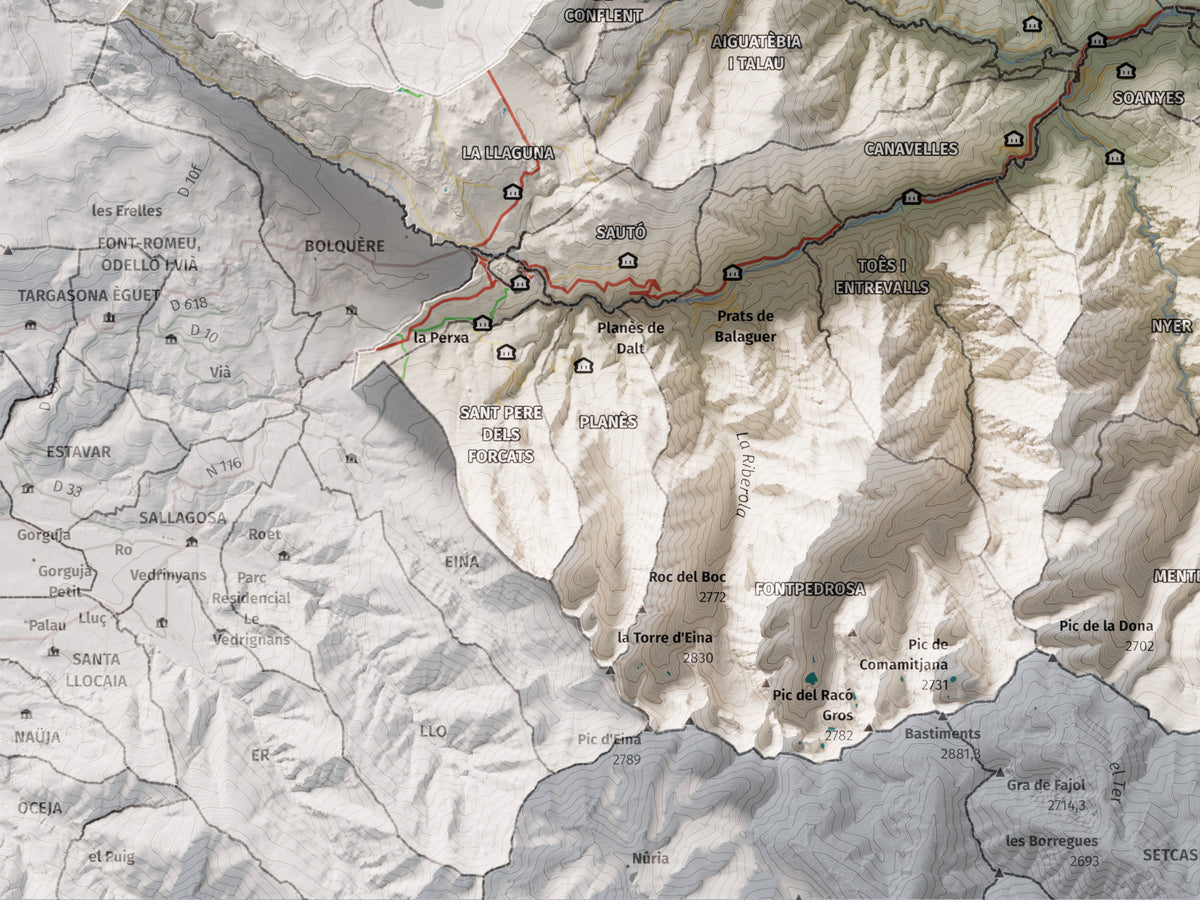 Mapa de relleu del Conflent, amb el territori en color i l’entorn en blanc. Detall de la part inferior esquerra. 30 × 40 cm. Estil Cartogràfic.