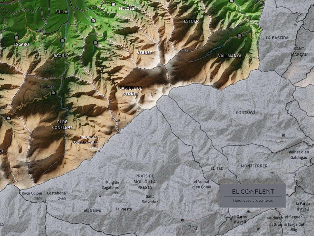 Mapa de relleu del Conflent, amb el territori en color i l’entorn en blanc. Detall de la part inferior dreta. 30 × 40 cm. Estil Clàssic.