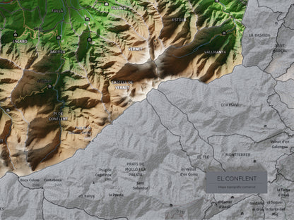Mapa de relleu del Conflent, amb el territori en color i l’entorn en blanc. Detall de la part inferior dreta. 30 × 40 cm. Estil Clàssic.