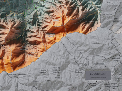 Mapa de relleu del Conflent, amb el territori en color i l’entorn en blanc. Detall de la part inferior dreta. 30 × 40 cm. Estil Contrastat.