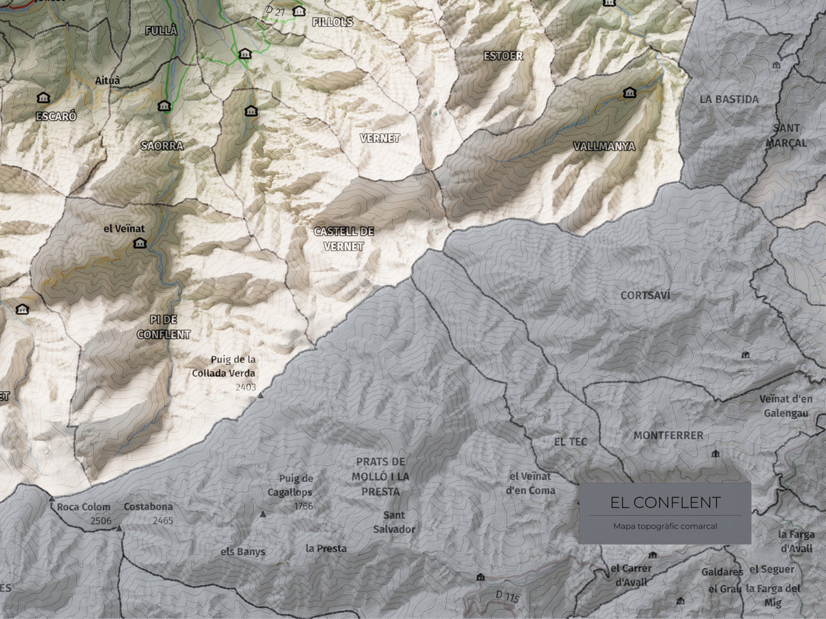 Mapa de relleu del Conflent, amb el territori en color i l’entorn en blanc. Detall de la part inferior dreta. 30 × 40 cm. Estil Cartogràfic.