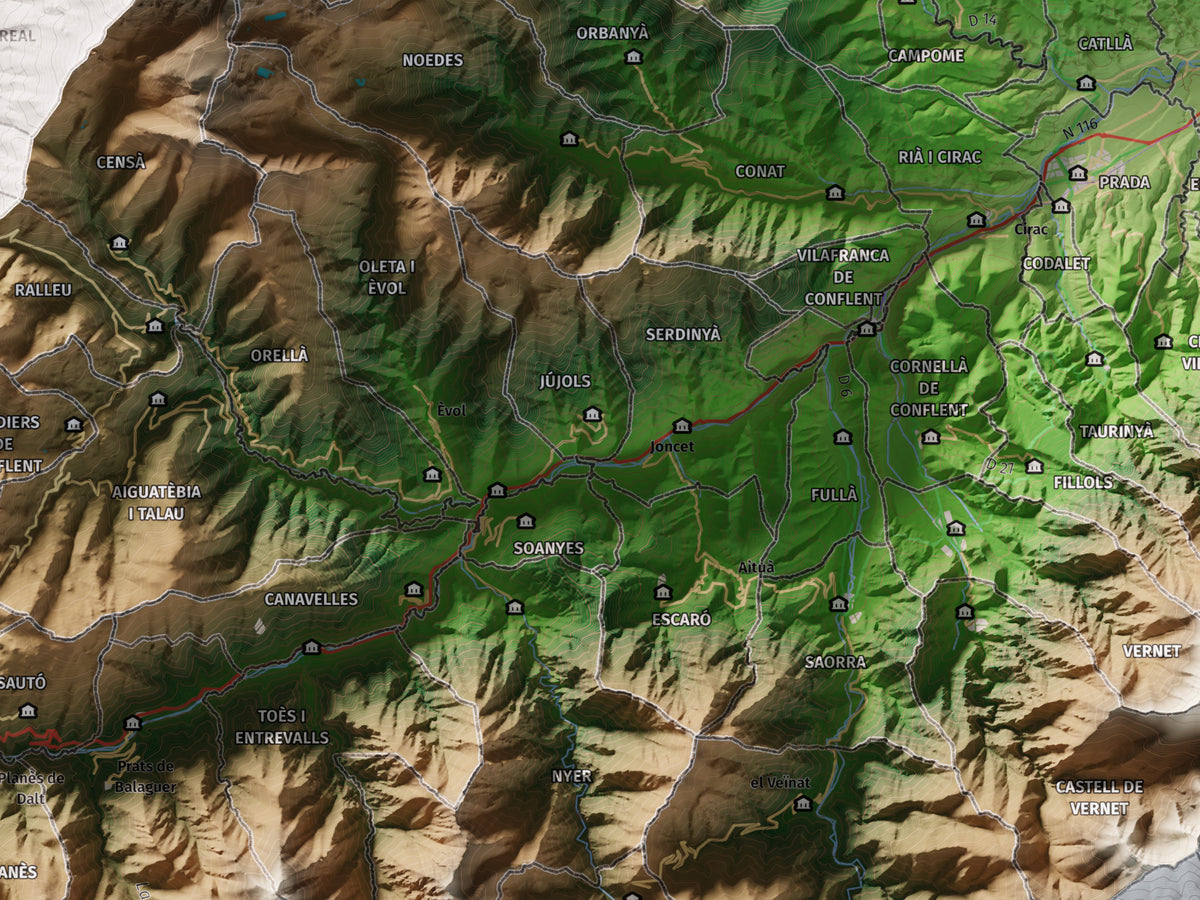 Mapa de relleu del Conflent, amb el territori en color i l’entorn en blanc. Detall de la part central. 30 × 40 cm. Estil Clàssic.