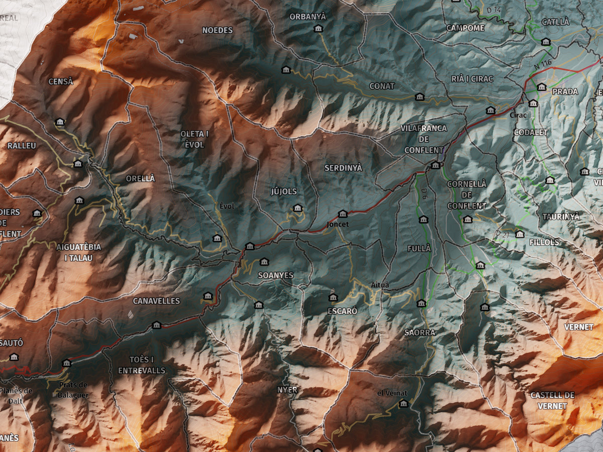 Mapa de relleu del Conflent, amb el territori en color i l’entorn en blanc. Detall de la part central. 30 × 40 cm. Estil Contrastat.