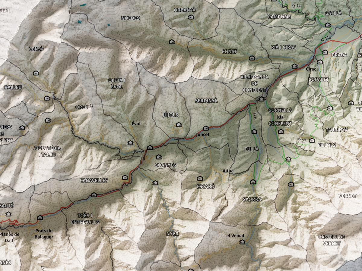 Mapa de relleu del Conflent, amb el territori en color i l’entorn en blanc. Detall de la part central. 30 × 40 cm. Estil Cartogràfic.