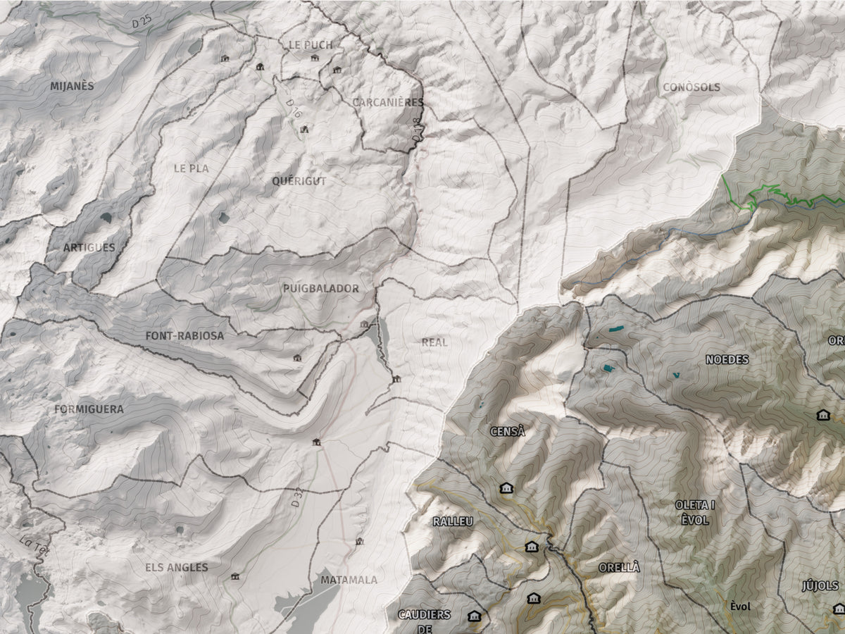 Mapa de relleu del Conflent, amb el territori en color i l’entorn en blanc. Detall de la part superior esquerra. 30 × 40 cm. Estil Cartogràfic.