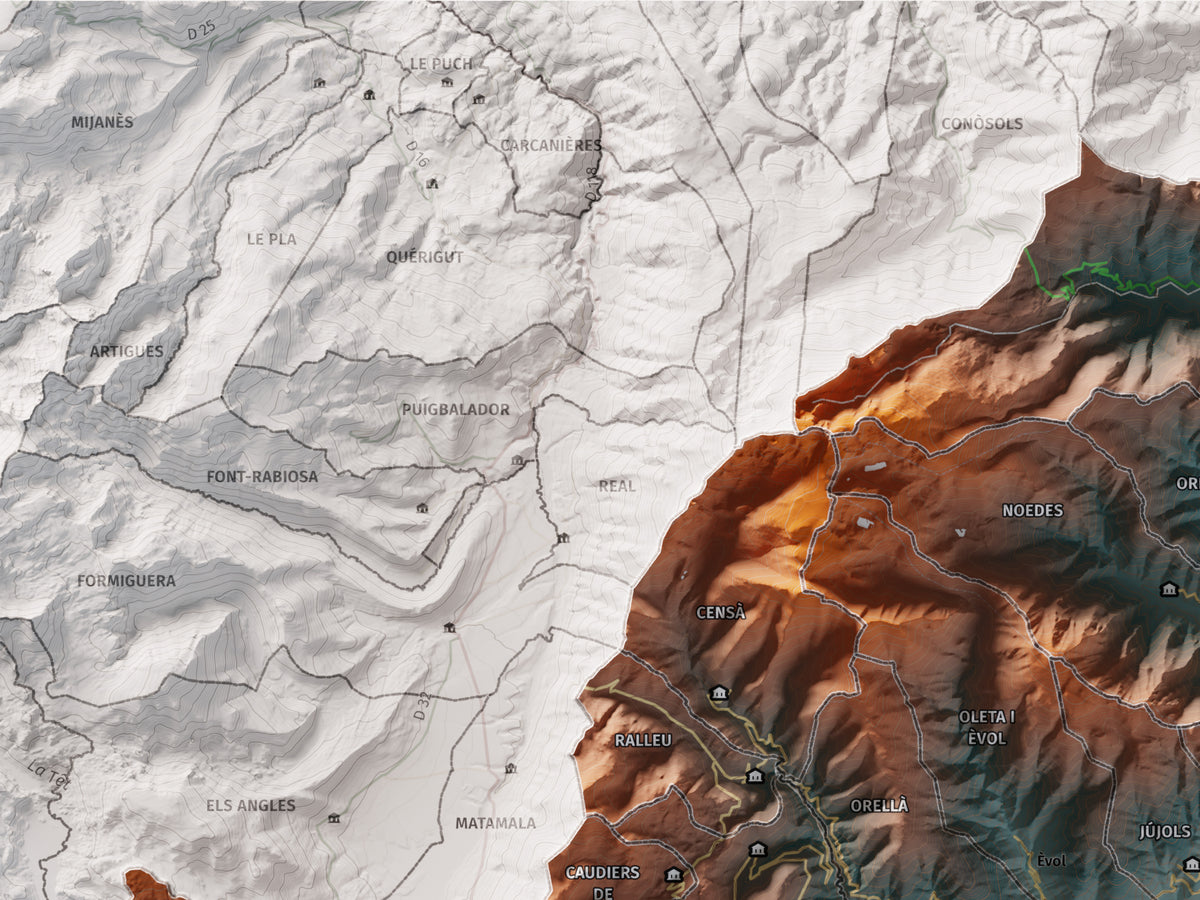 Mapa de relleu del Conflent, amb el territori en color i l’entorn en blanc. Detall de la part superior esquerra. 30 × 40 cm. Estil Contrastat.