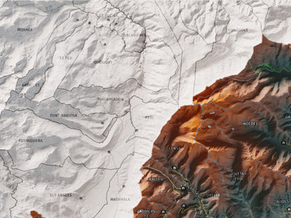 Mapa de relleu del Conflent, amb el territori en color i l’entorn en blanc. Detall de la part superior esquerra. 30 × 40 cm. Estil Contrastat.