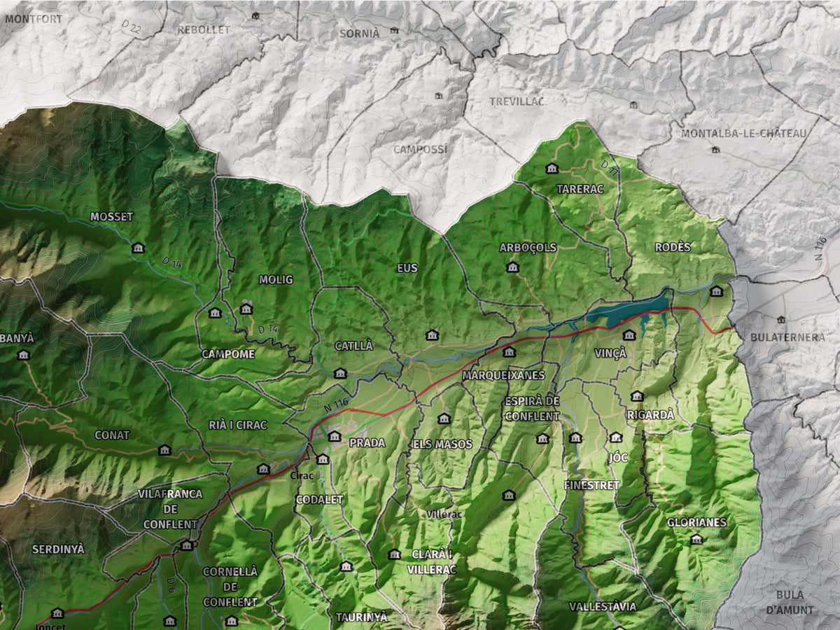 Mapa de relleu del Conflent, amb el territori en color i l’entorn en blanc. Detall de la part superior dreta. 30 × 40 cm. Estil Clàssic.