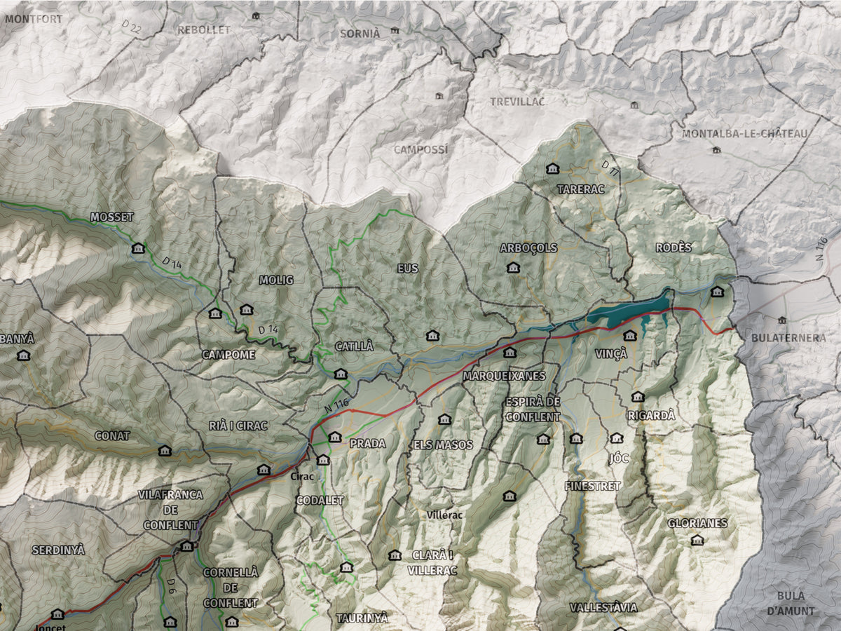 Mapa de relleu del Conflent, amb el territori en color i l’entorn en blanc. Detall de la part superior dreta. 30 × 40 cm. Estil Cartogràfic.