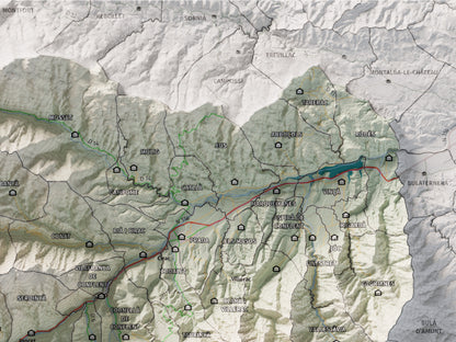 Mapa de relleu del Conflent, amb el territori en color i l’entorn en blanc. Detall de la part superior dreta. 30 × 40 cm. Estil Cartogràfic.