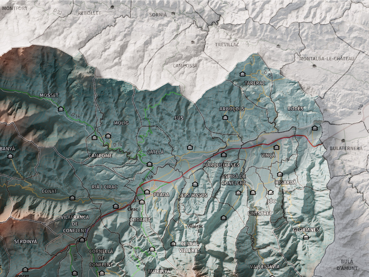 Mapa de relleu del Conflent, amb el territori en color i l’entorn en blanc. Detall de la part superior dreta. 30 × 40 cm. Estil Contrastat.