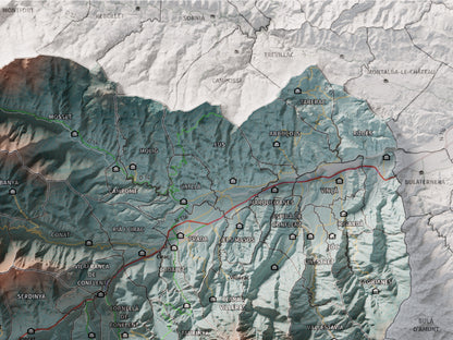 Mapa de relleu del Conflent, amb el territori en color i l’entorn en blanc. Detall de la part superior dreta. 30 × 40 cm. Estil Contrastat.